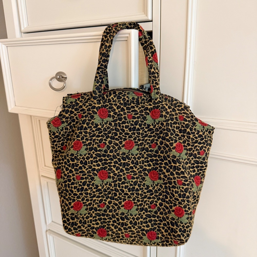 Cind E Original Vtg Leopard Rose Tapestry Tote Bag Animal Print Floral - Picture 8 of 16